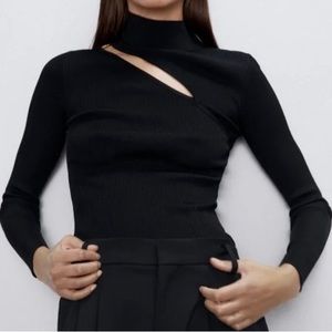 Zara Ribbed Cutout Asymmetrical Top In Black Size M